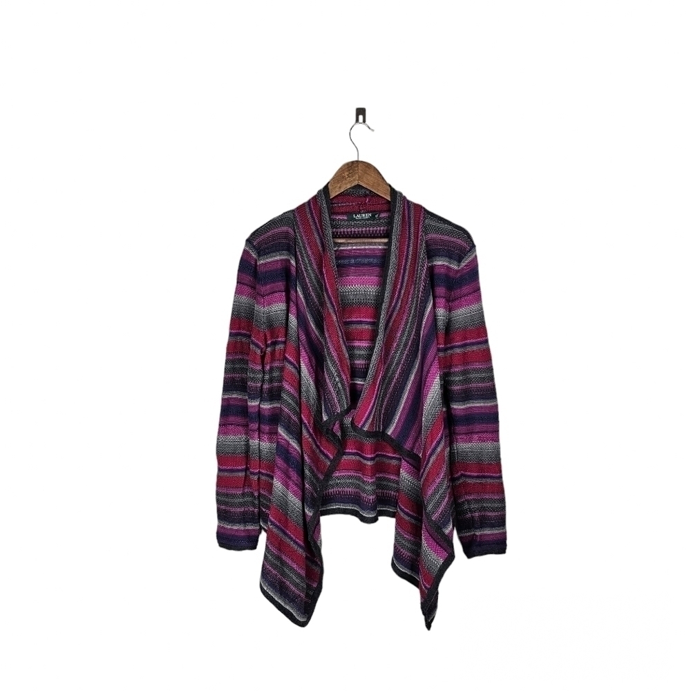 Ralph Lauren Striped Knit Pink Purple Grey Cardigan Sz M